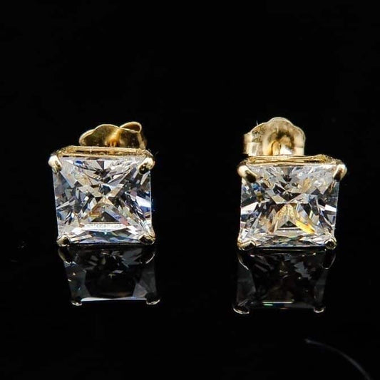 2CT CZ Solid 14K Yellow Gold Princess-Cut Pushback Stud Earrings