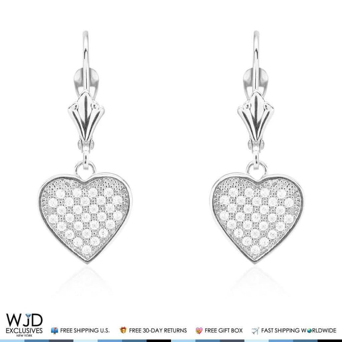 2Ct CZ Pave Set Heart Dangle Leverback Earrings 14K White Gold 1"