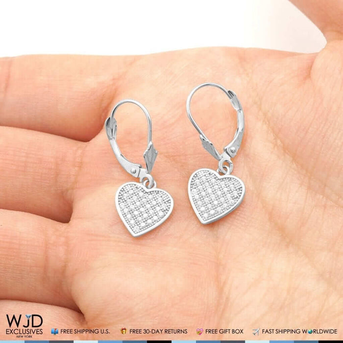 2Ct CZ Pave Set Heart Dangle Leverback Earrings 14K White Gold 1"