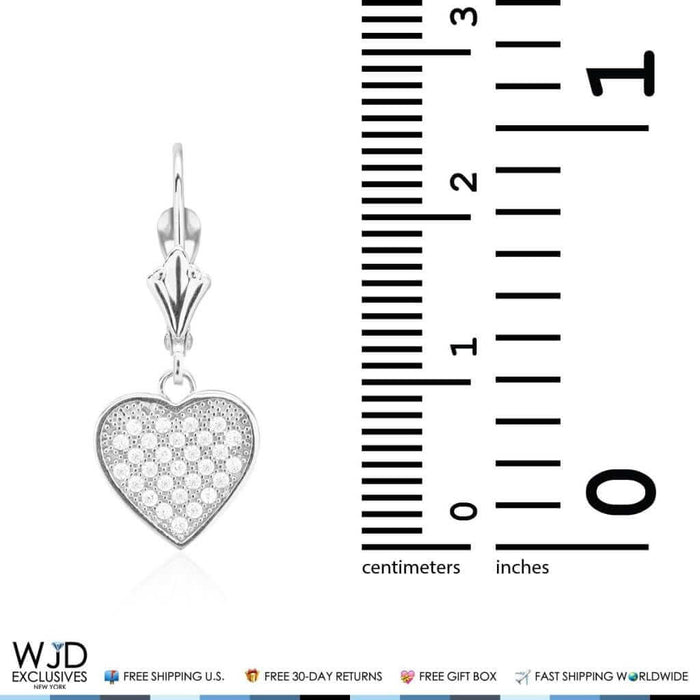 2Ct CZ Pave Set Heart Dangle Leverback Earrings 14K White Gold 1"