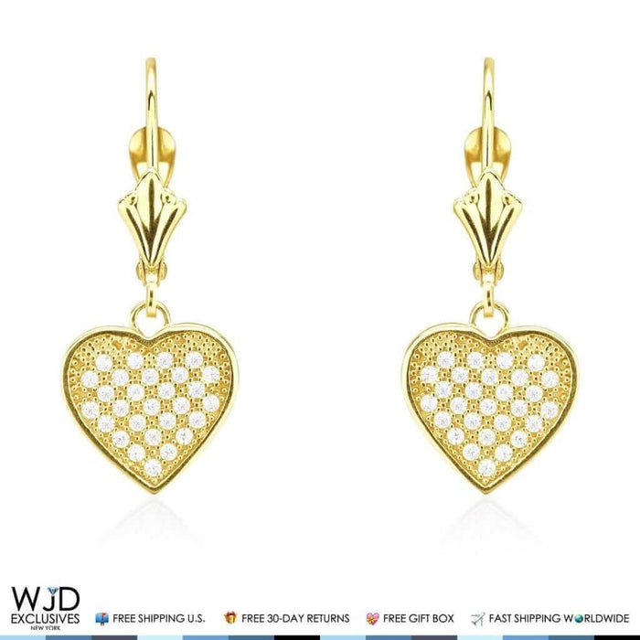 2Ct CZ Pave Set 14K Yellow Gold Heart Dangle Leverback Earrings