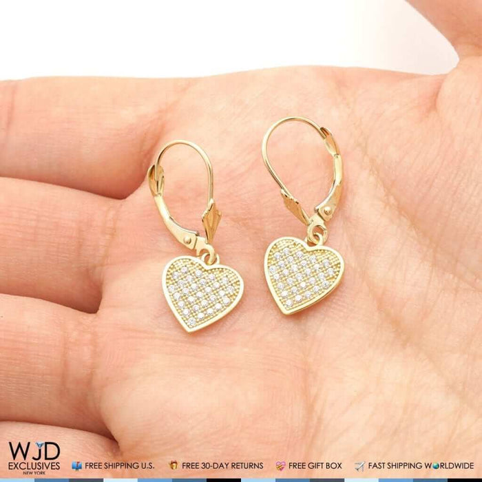2Ct CZ Pave Set 14K Yellow Gold Heart Dangle Leverback Earrings