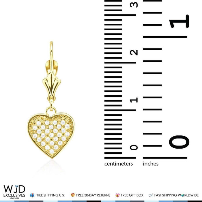 2Ct CZ Pave Set 14K Yellow Gold Heart Dangle Leverback Earrings