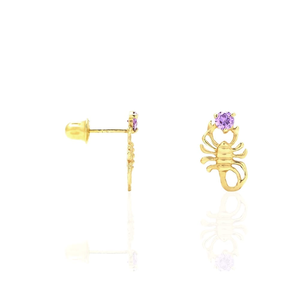 14K Yellow Gold Round Simulated Birthstone Scorpion Screw Back Stud Earrings