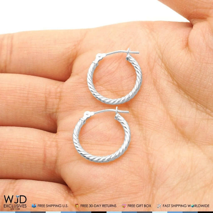 14K White Gold 2mm Snap Closure Twisted Rope Hoop Earrings 16mm