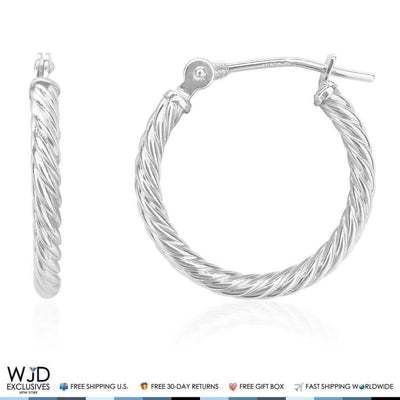 14K White Gold 2mm Snap Closure Twisted Rope Hoop Earrings 16mm