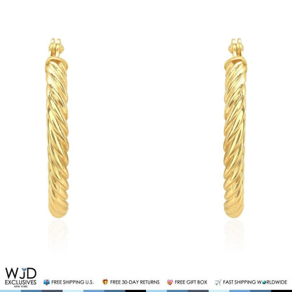 Real 14K Gold 2mm Snap Closure Twisted Rope Style Hoop Earrings