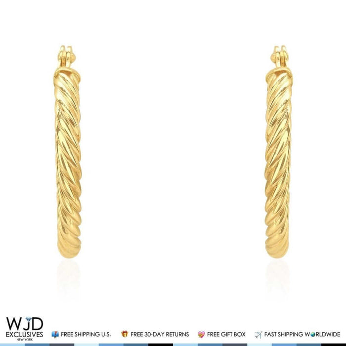 Real 14K Gold 2mm Snap Closure Twisted Rope Style Hoop Earrings