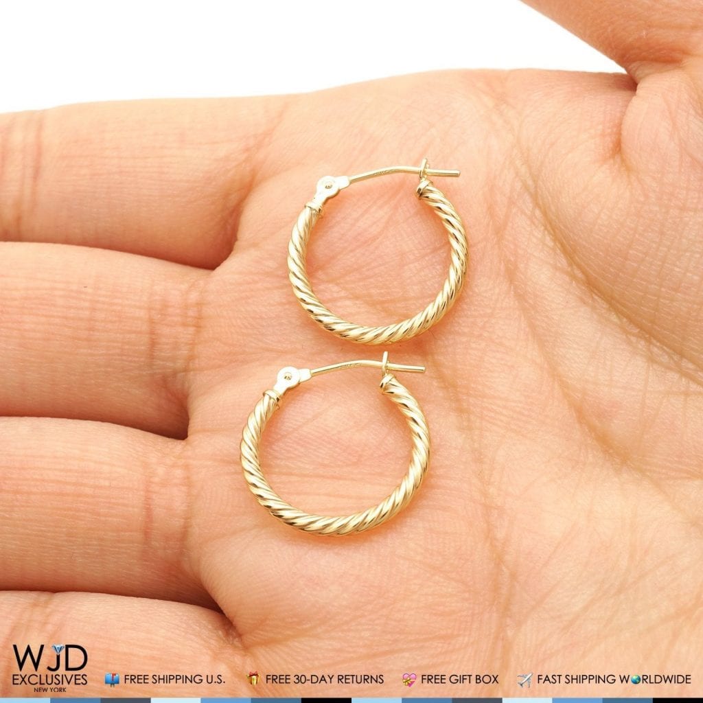 Real 14K Gold 2mm Snap Closure Twisted Rope Style Hoop Earrings