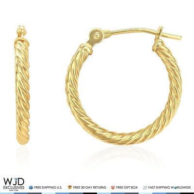 Real 14K Gold 2mm Snap Closure Twisted Rope Style Hoop Earrings