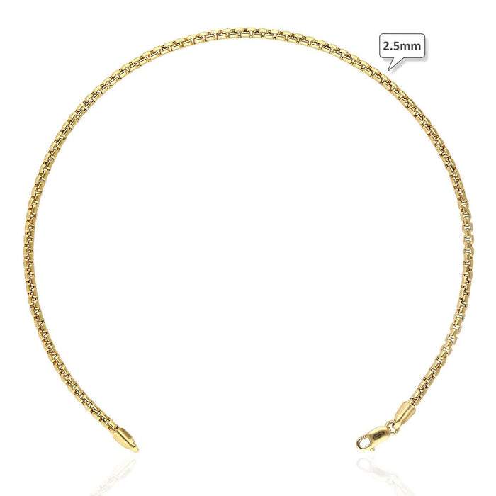14K Yellow Gold 2.5mm, 3.5mm, 5mm Round Box Anklet (Solid Links) 10"