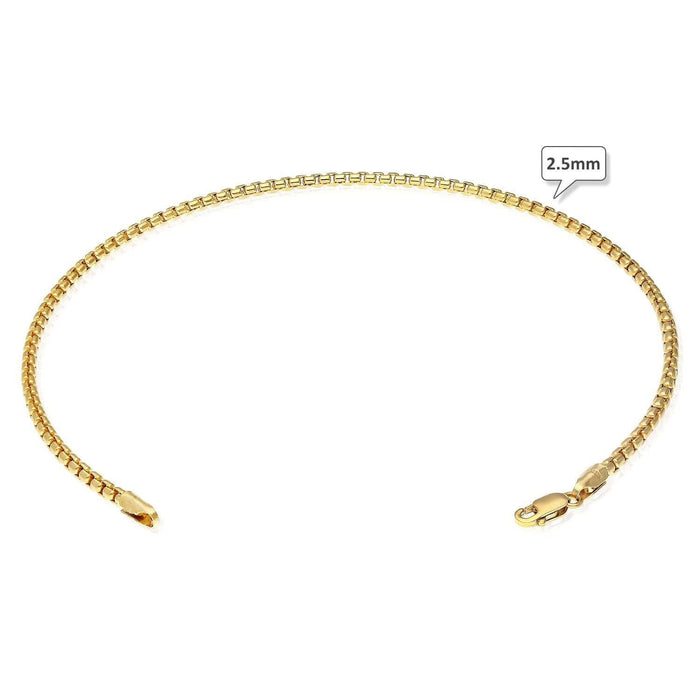 14K Yellow Gold 2.5mm, 3.5mm, 5mm Round Box Anklet (Solid Links) 10"
