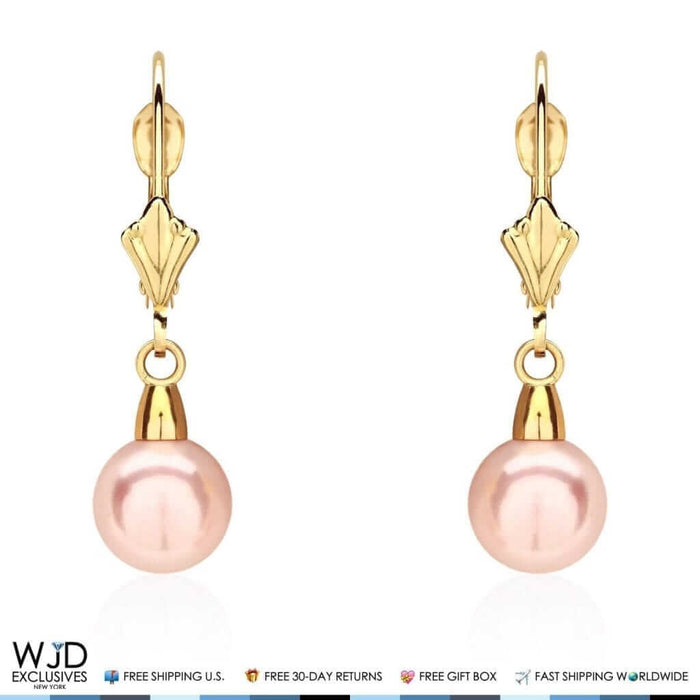 14K Yellow Gold 7mm Pink Pearl Leverback Dangle Earrings