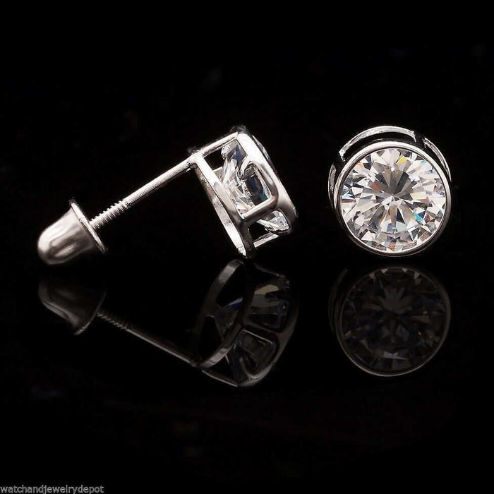 2CTW CZ 14k White Gold Bezel Round Screw Back Stud Earrings 6mm