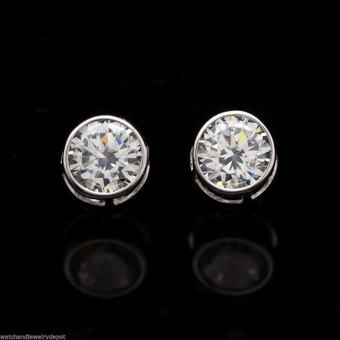 2CTW CZ 14k White Gold Bezel Round Screw Back Stud Earrings 6mm