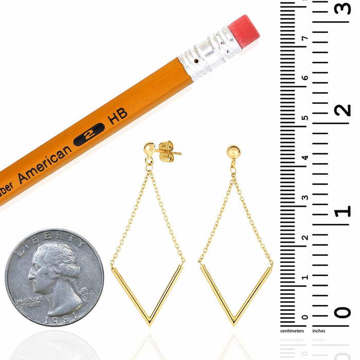 14K Yellow Gold Shiny "V" Shape Hanging On Cable Diamond Type Drop Earrings