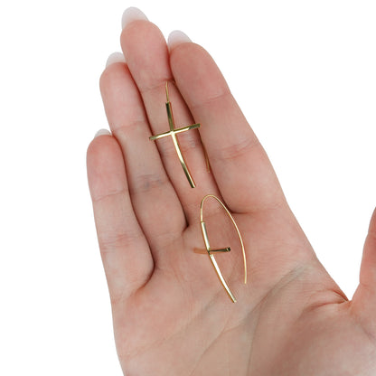 14K Yellow Gold Cross Slide Clasp Earrings 1.45"