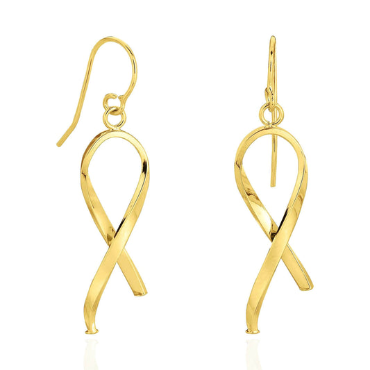 14K Yellow Gold Shiny Ribbon Like Freeform Drop  Earrings 1.5"
