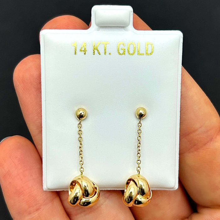 14K Yellow Gold Shiny Love Knot Push Back Drop Earrings 1"