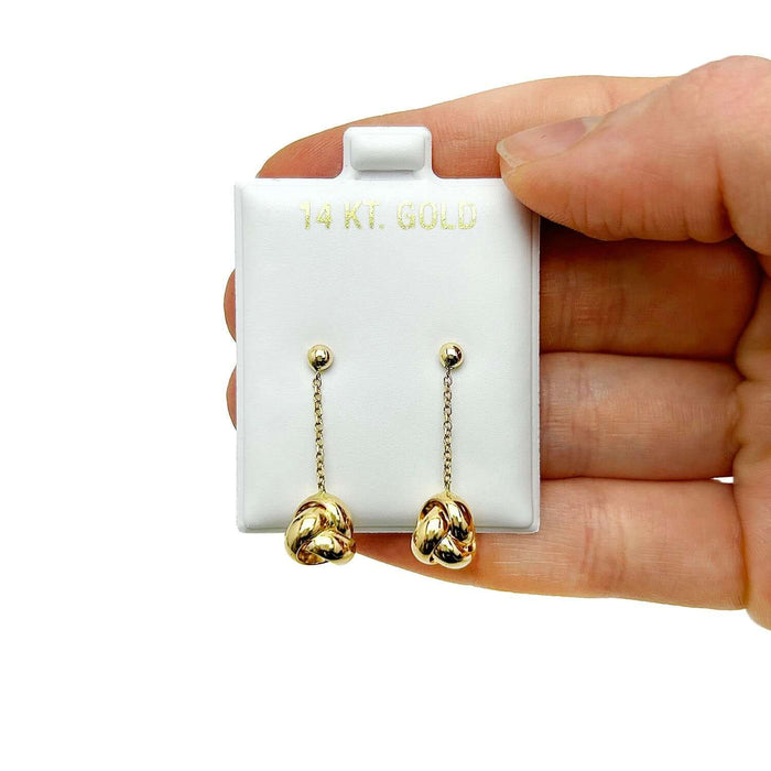 14K Yellow Gold Shiny Love Knot Push Back Drop Earrings 1"