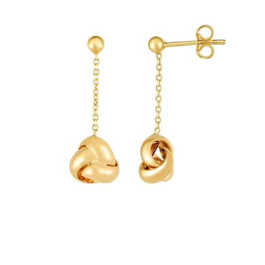 14K Yellow Gold Shiny Love Knot Push Back Drop  Earrings 1"