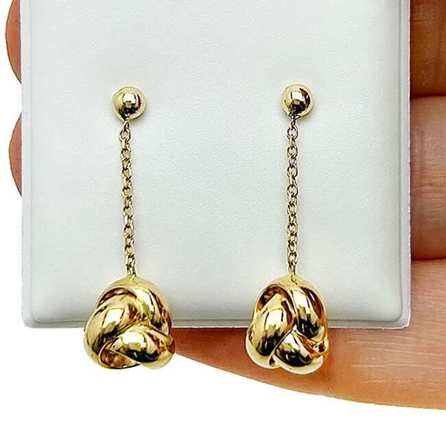 14K Yellow Gold Shiny Love Knot Push Back Drop Earrings 1"
