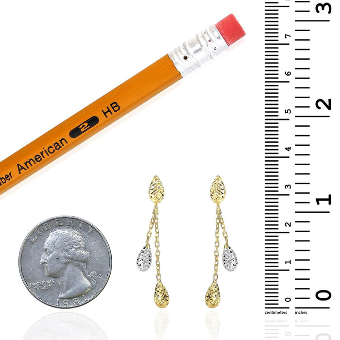 14K Yellow White Gold Puffed Diamond-Cut Teardrop Drop Push Back Earrings