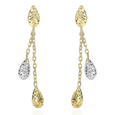 14K Yellow White Gold Puffed Diamond-Cut Teardrop Drop Push Back Earrings
