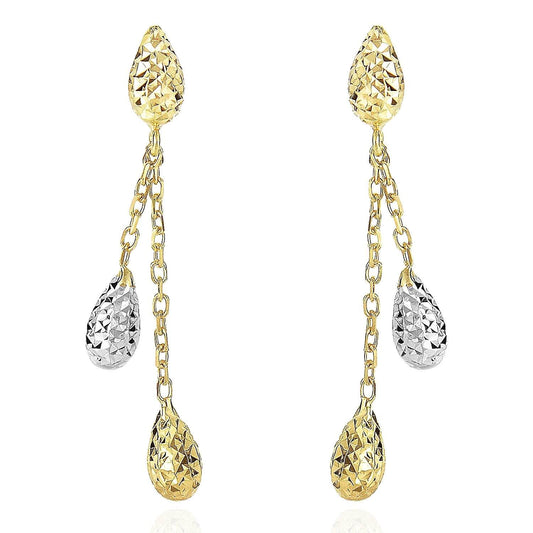 14K Yellow White Gold Puffed Diamond Cut Teardrop  Drop Push Back Earrings