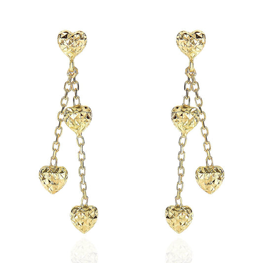 14K Yellow Gold Diamond Cut 3-Puffed Heart On Cable  Strand Drop Earrings