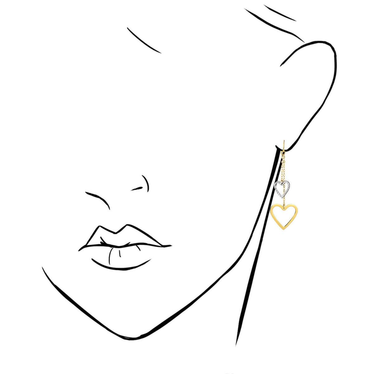 14K Yellow White Gold Diamond-Cut Open Heart Double Strand Drop Earrings