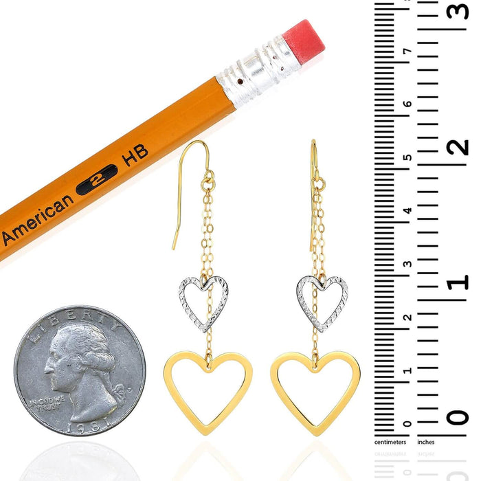 14K Yellow White Gold Diamond-Cut Open Heart Double Strand Drop Earrings