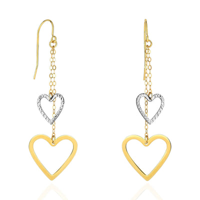 14K Yellow White Gold Diamond-Cut Open Heart Double Strand Drop Earrings