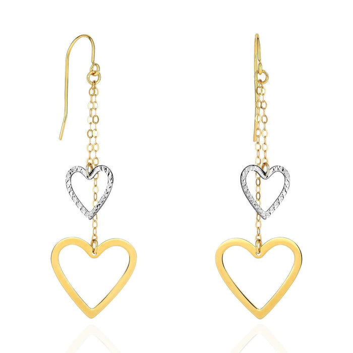 14K Yellow White Gold Diamond-Cut Open Heart Double Strand Drop Earrings