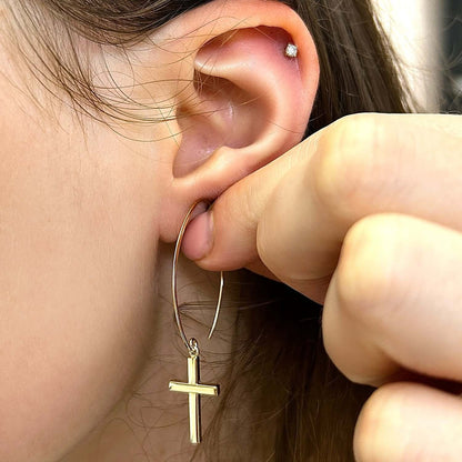 14K Yellow Gold Shiny Square Tube Drop  Cross Euro Wire Clasp Earrings 2"