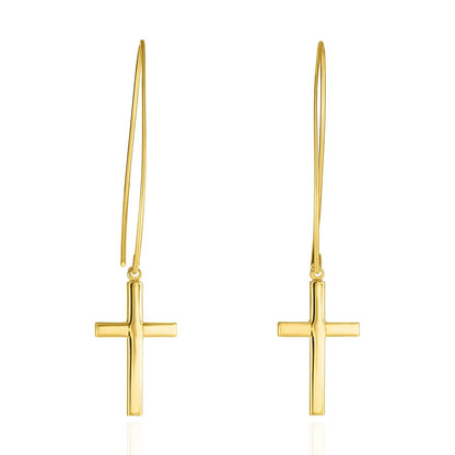 14K Yellow Gold Shiny Square Tube Drop  Cross Euro Wire Clasp Earrings 2"