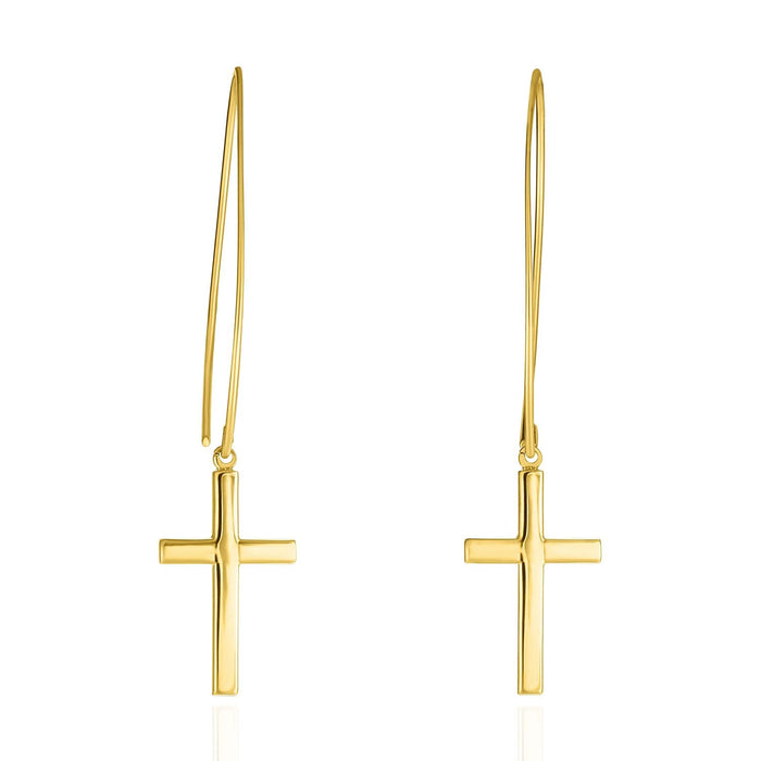 14K Yellow Gold Shiny Square Tube Drop Cross Euro Wire Clasp Earrings 2"