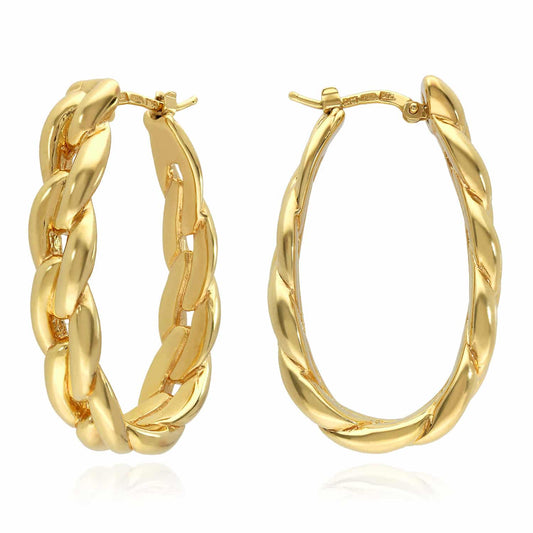 14K Yellow Gold Cable  Design Oval Hoop Earrings 1.5"