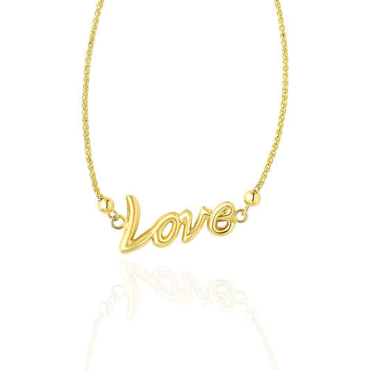 14K Gold Yellow Wheat  Shiny "Love" Center Adjustable Bolo Bracelet 7"-9.25"