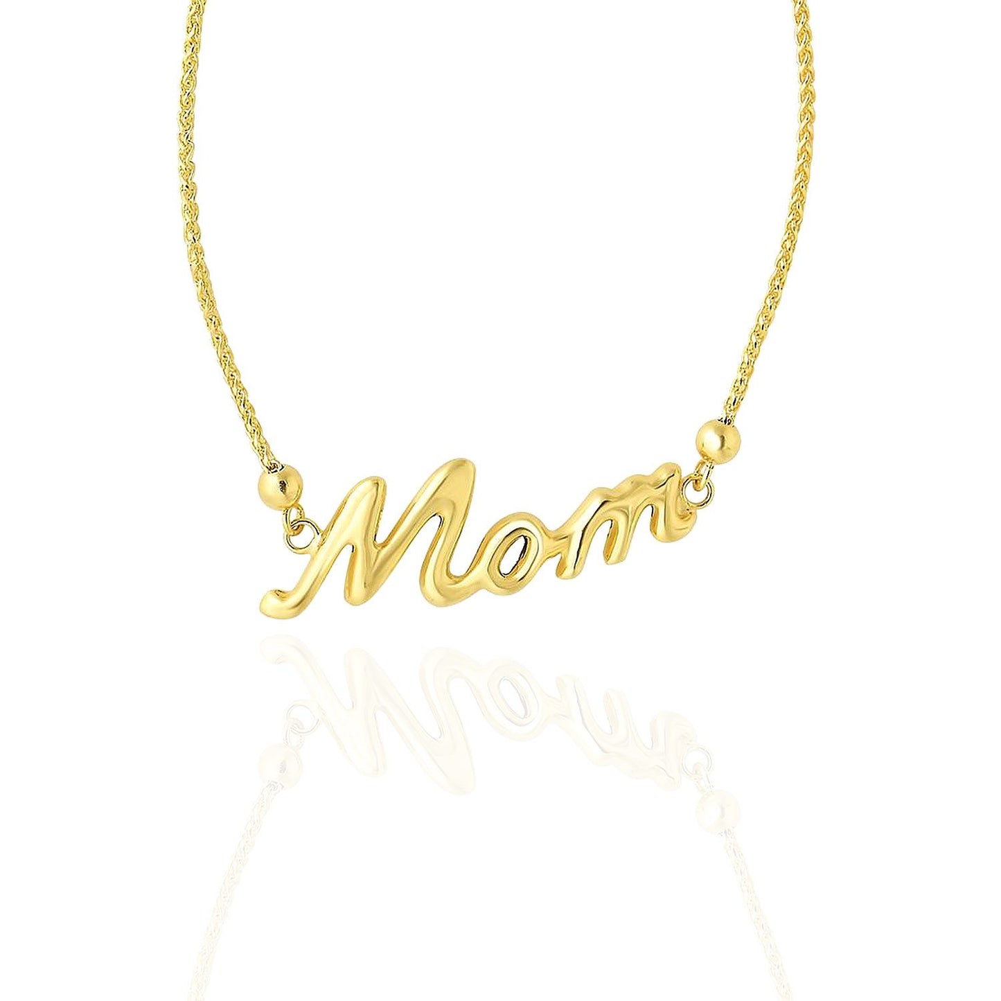 14K Gold Yellow Wheat  Shiny "Mom" Center Adjustable Bolo Bracelet 7"- 9.25"