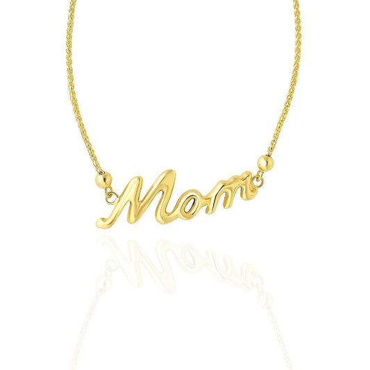 14K Gold Yellow Wheat  Shiny "Mom" Center Adjustable Bolo Bracelet 7"- 9.25"