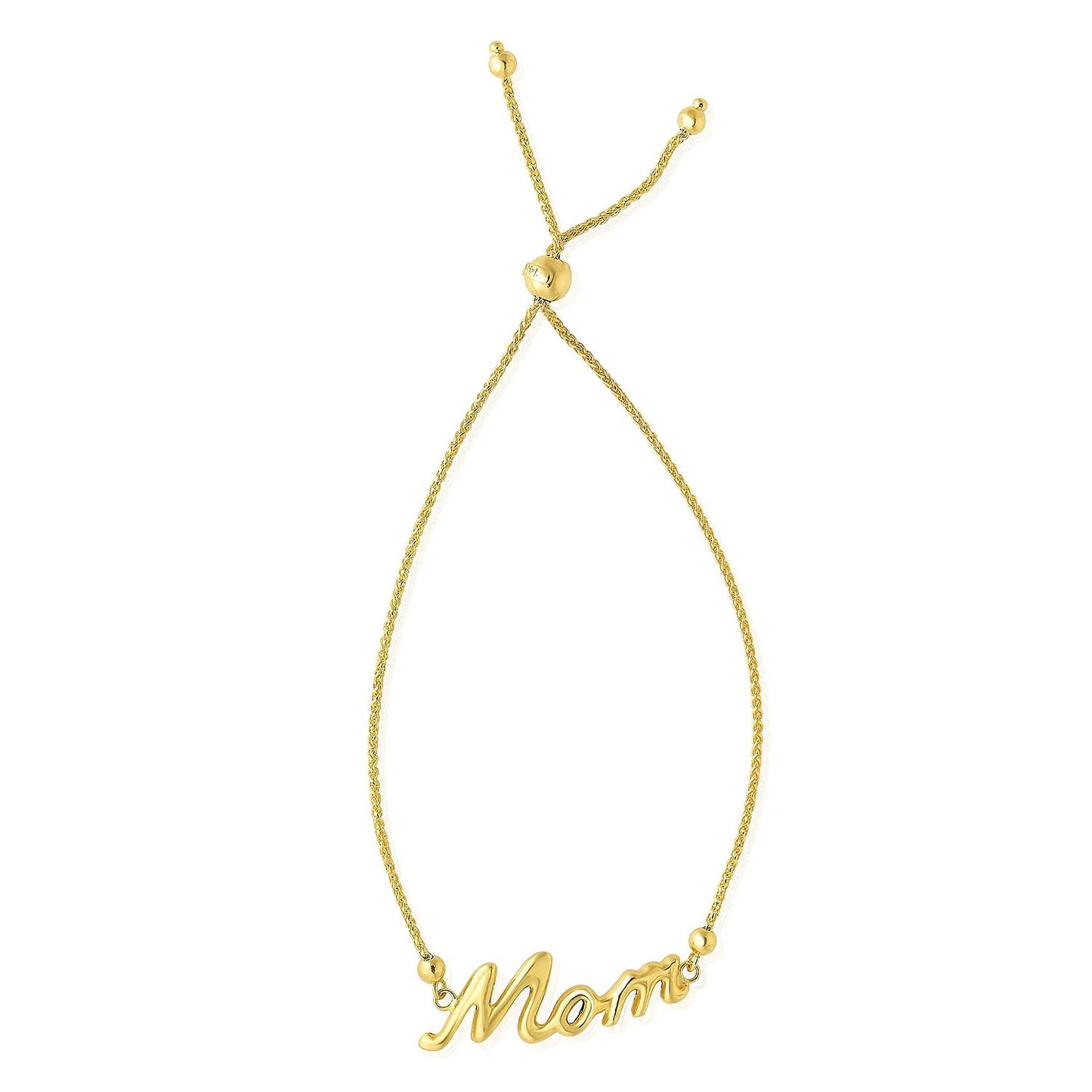 14K Gold Yellow Wheat  Shiny "Mom" Center Adjustable Bolo Bracelet 7"- 9.25"