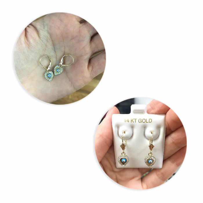 14K Gold CZ Blue Red Evil Eye Heart Dangle Leverback Earrings