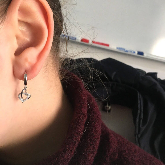 14k White Gold 1.20Ct Simulated Open Heart Dangle Huggie Hoop Earrings