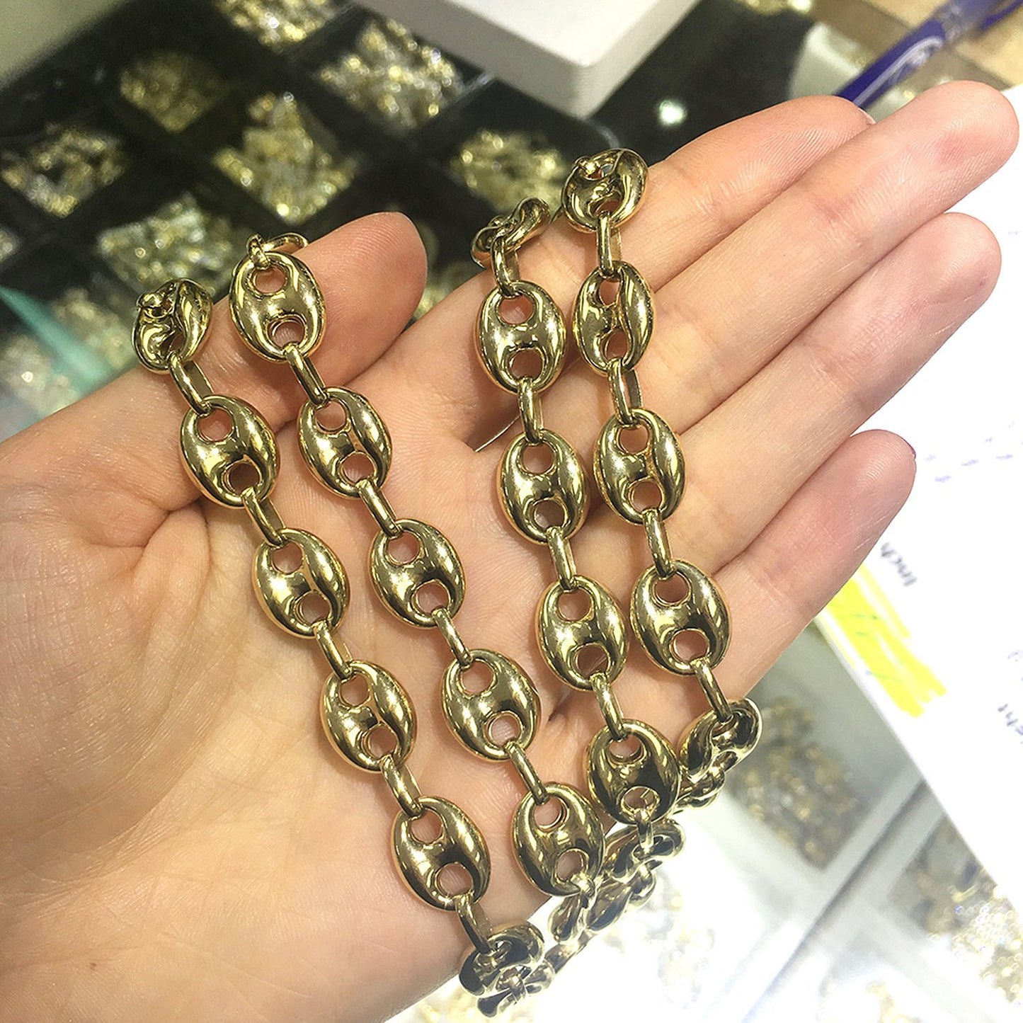 14K Real Gold 11.2mm Fancy Puffed Anchor Mariner Chain 22", 24", 26", 28", 30"