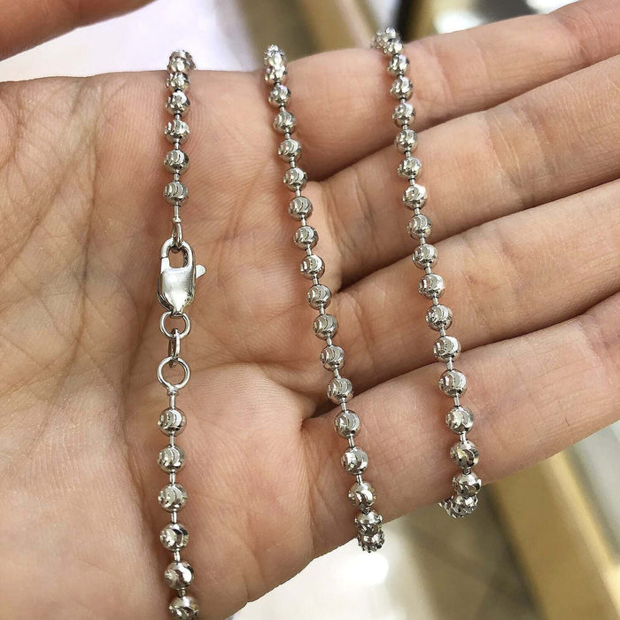14K White Gold 3mm Moon-Cut Ball Chain (Solid Links) 24"-30"