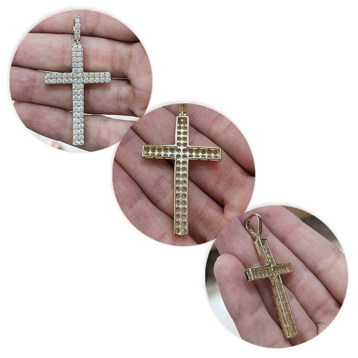 14K Yellow Gold 1.75Ct CZ Religious Cross Pendant 1.6"