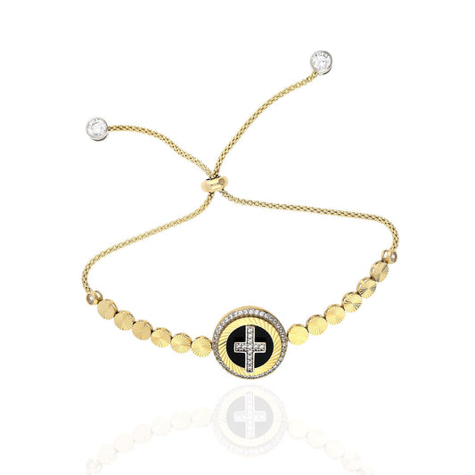 10K Gold Yellow Black Onyx Created Diamond Cross Adjustable Bolo Bracelet
