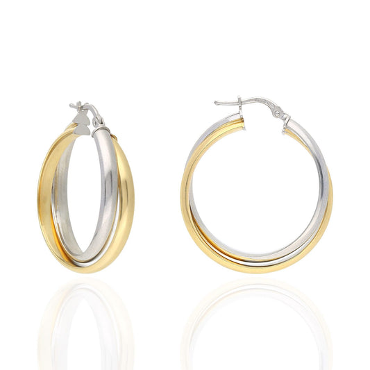 14K Yellow White Gold Two Tone Over Sterling Silver Double Hoop Earrings 29mm