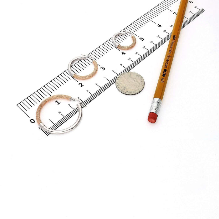 Rose White Gold Over 925 Sterling Silver 3mm Half Mesh Half Shiny Hoop Earrings